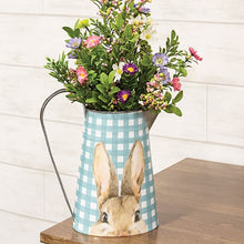 Load image into Gallery viewer, Blue & White Gingham Check Peeking Bunny Metal Pitcher