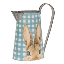 Load image into Gallery viewer, Blue & White Gingham Check Peeking Bunny Metal Pitcher