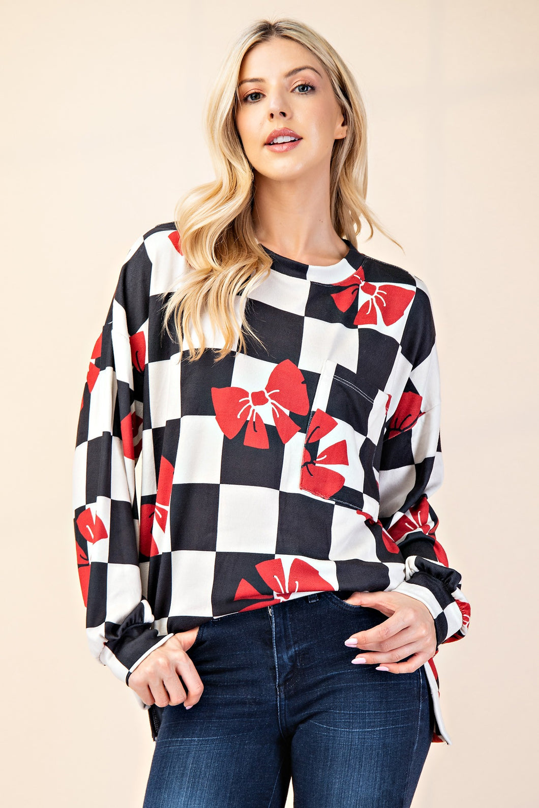 Celeste Checkered Bow Print Round Neck T-Shirt