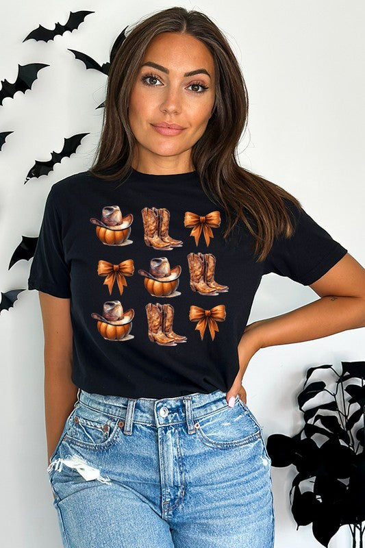 Cowboy Boots Bow Pumpkin Tee