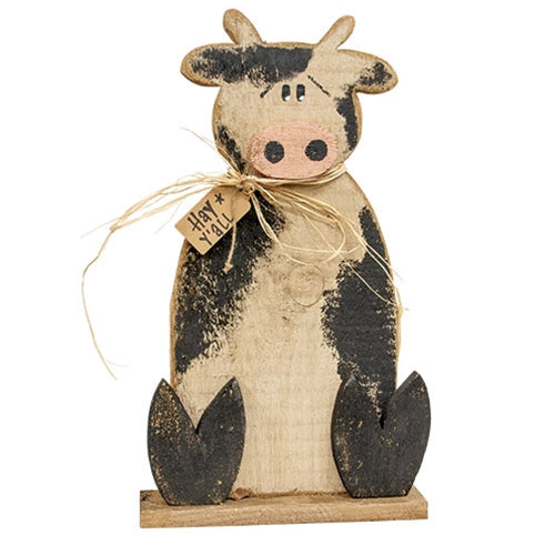 Rustic Wood Cow on Base w/Hay Y'all Tag - 24.5