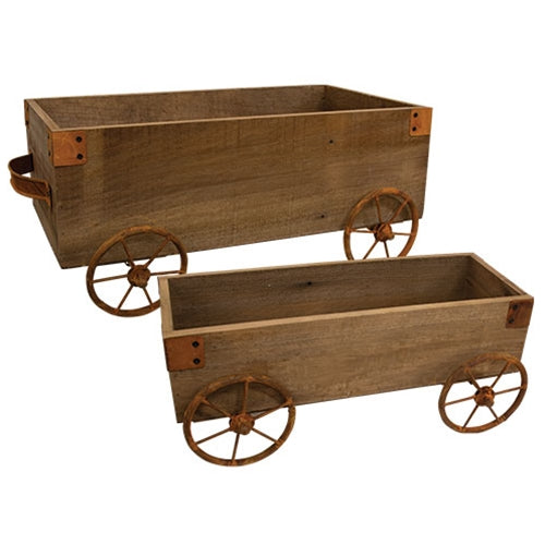 2/Set - Natural Wooden Wagons w/Rusty Wheels