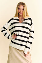 Load image into Gallery viewer, Davi &amp; Dani High-Low Side Slit Striped Johnny Collar Sweater
