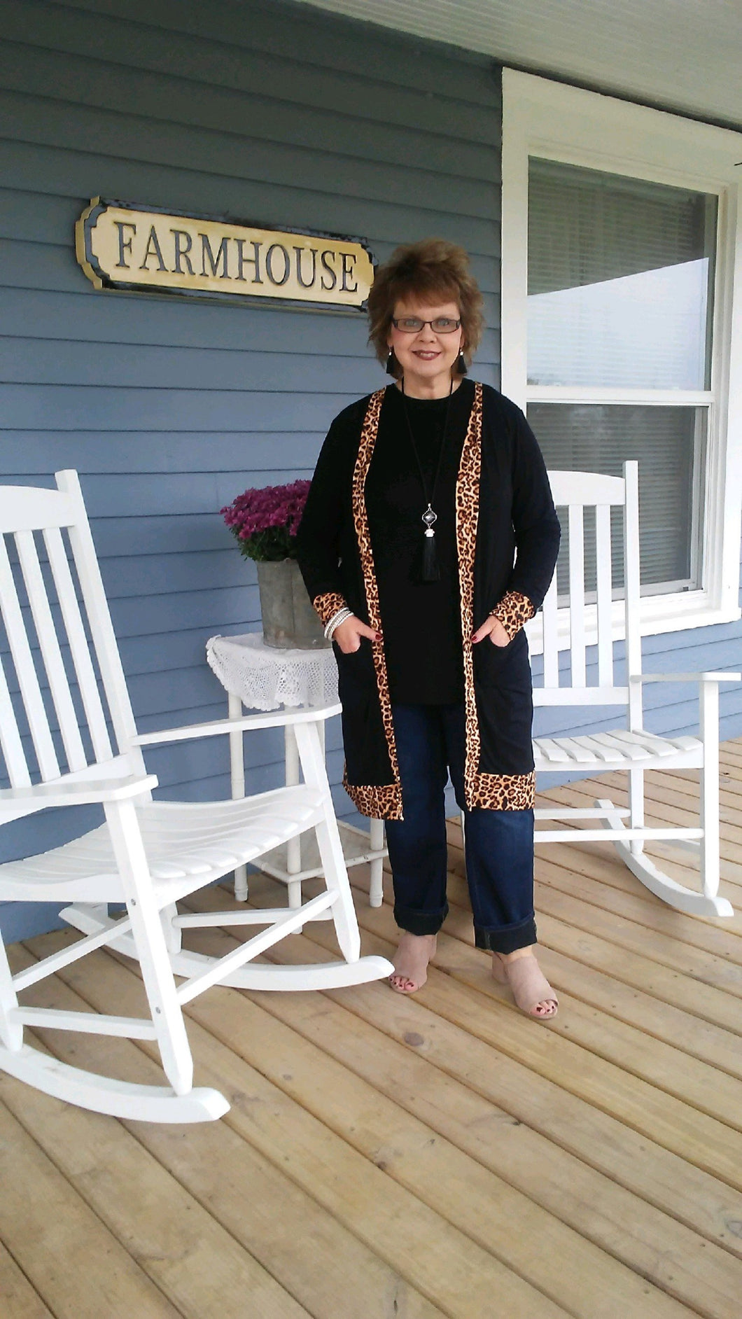 Black Cardigan Trimmed With Leopard