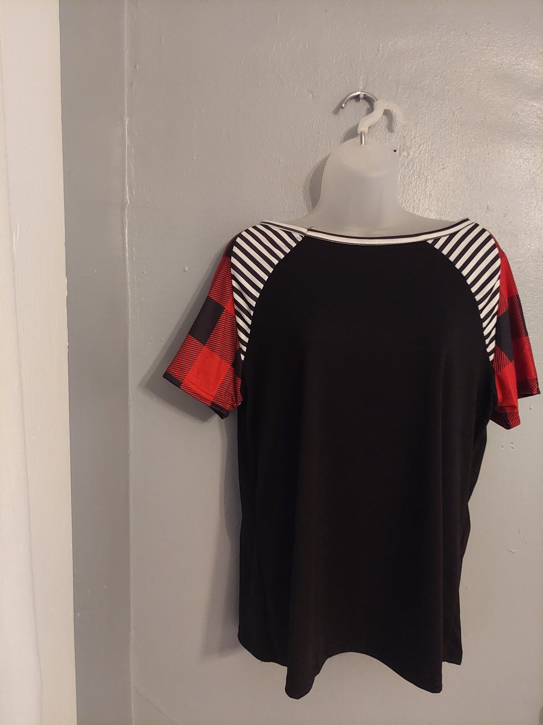 Black Top with Striped and Buffalo Plaid Sleeves