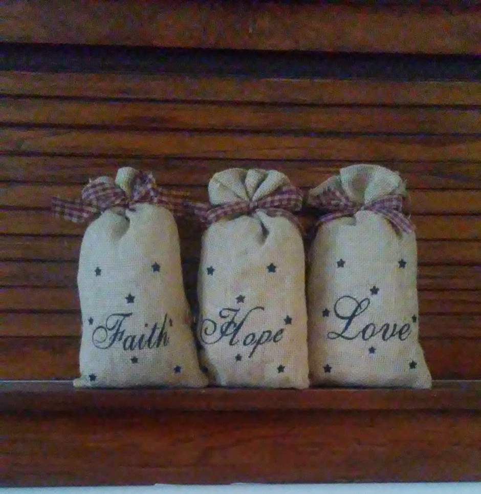 Stuffed Fabric Sacks- Faith, Hope, Love